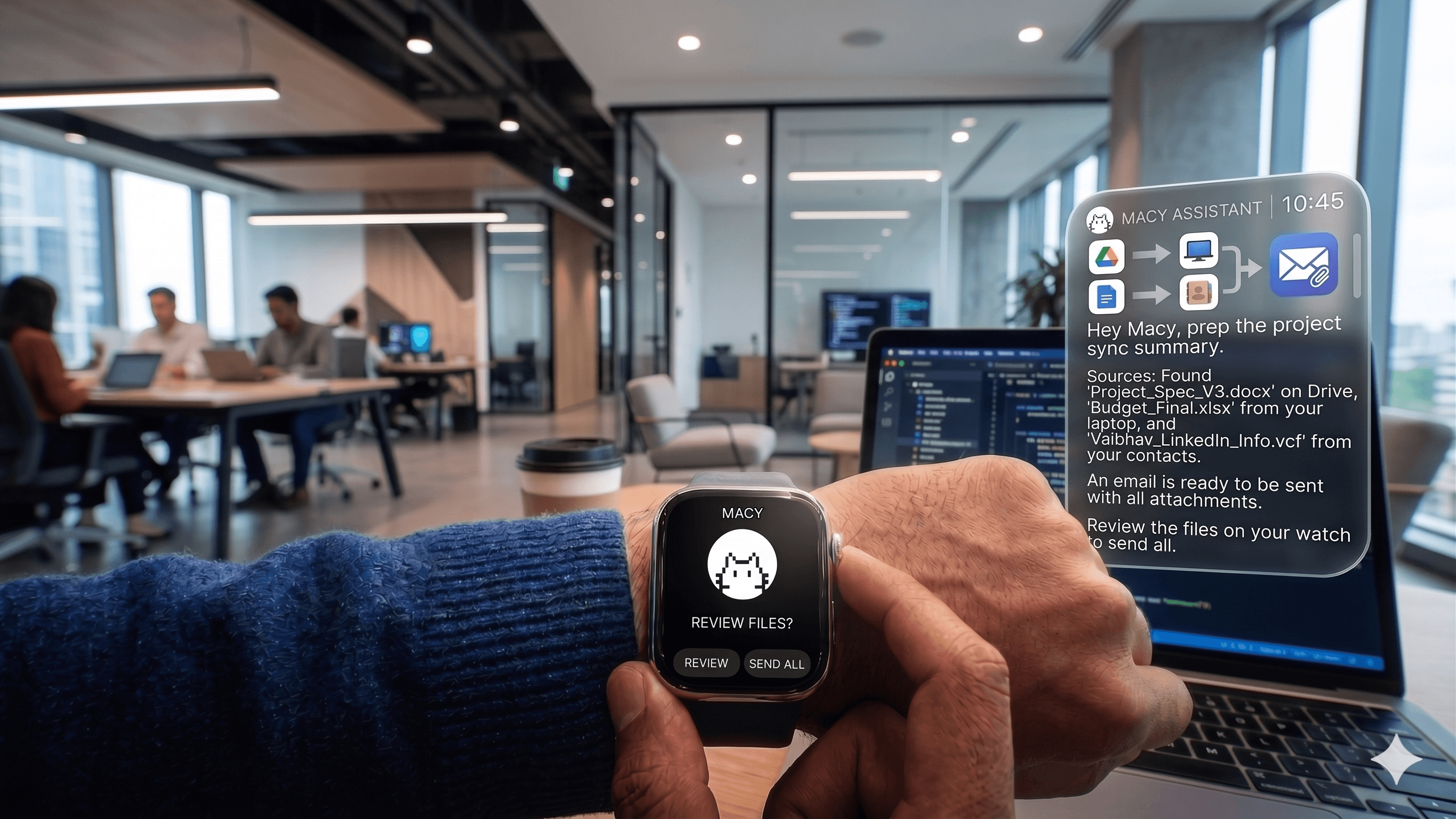 Macy compiling files from multiple sources into one email, reviewed from the watch at the office