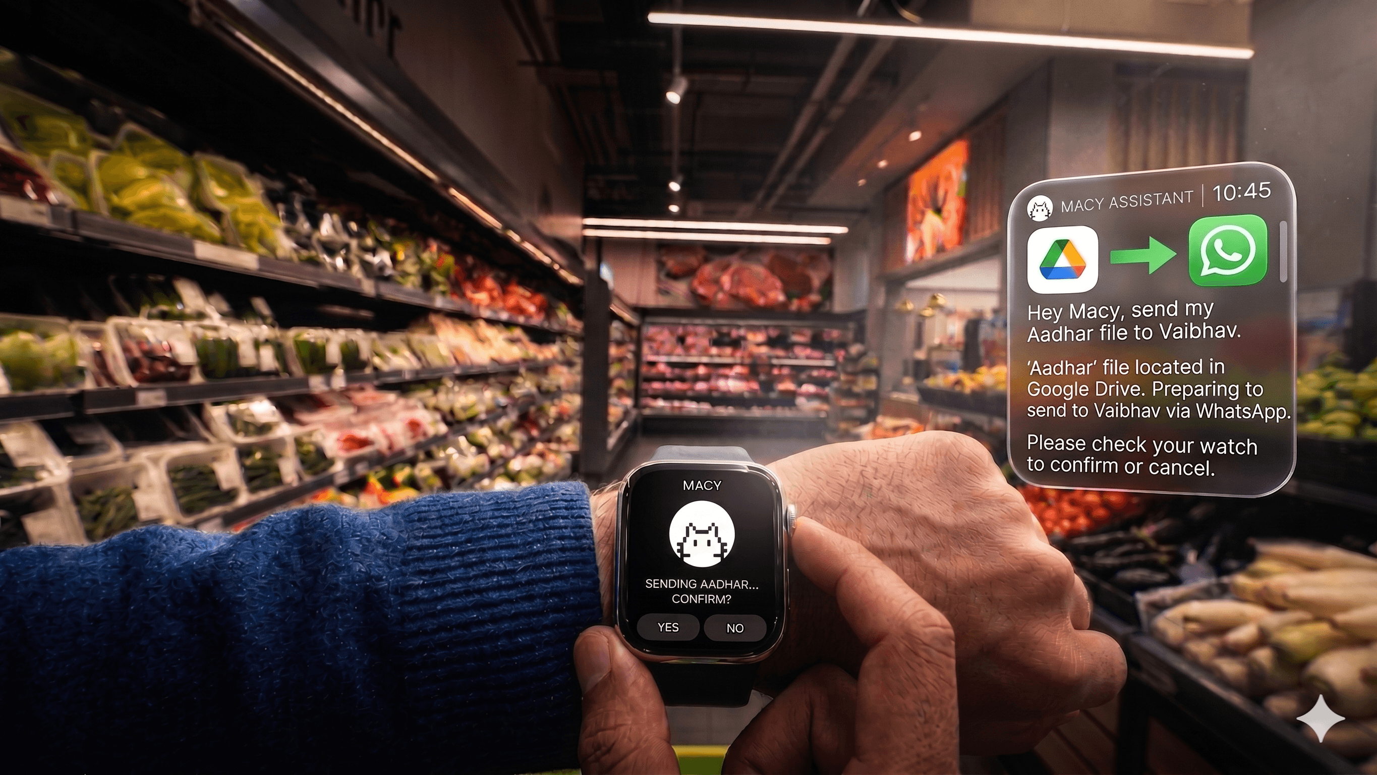 Macy sending a file from Google Drive to WhatsApp, confirmed from the watch in a grocery store